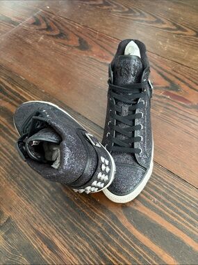 ASH vintage Black Glitter High-Top Sneakers with Stud Accent in new condition.